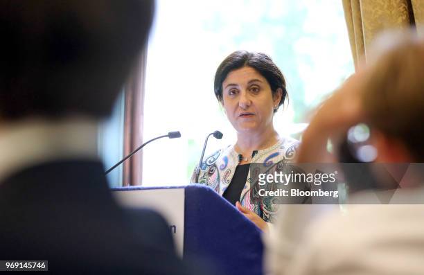 Christine Ourmieres-Widener, chief executive officer of Flybe Group Plc, speaks at an Aviation Club lunch in London, U.K., on Thursday, June 7, 2018....