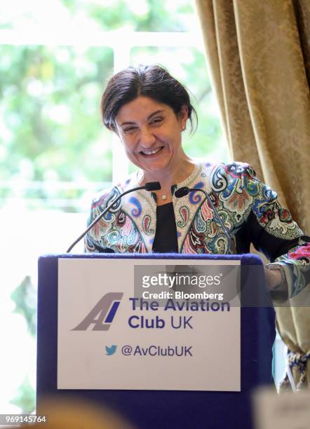 Christine Ourmieres-Widener, chief executive officer of Flybe Group Plc, reacts while giving a speech at an Aviation Club lunch in London, U.K., on...