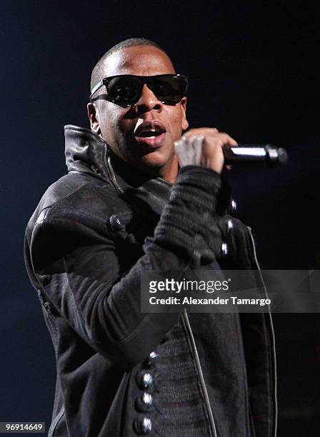 Jay Z performs during the first concert of the BP3 tour at Bank Atlantic Center on February 20, 2010 in Sunrise, Florida.