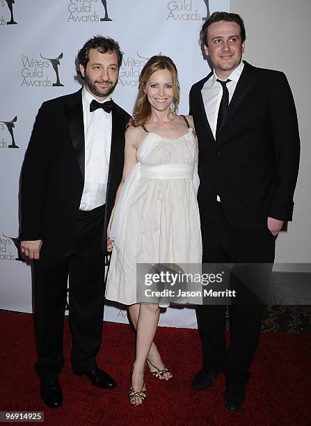 Writer, Director and Producer Judd Apatow, actress Leslie Mann and actor Jason Segel arrive at the 2010 Writers Guild Awards held at the Hyatt...