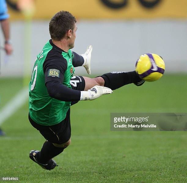 Phoenix keeper Liam Reddy makes a save in a penalty shootout during the A-league Semi Final match between the Wellington Phoenix and Perth Glory at...