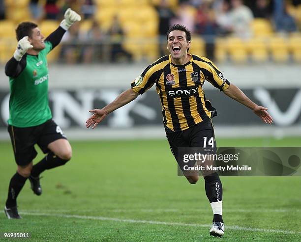 Adrian Caceres and Liam Reddy of the Phoenix celebrate their win after the A-league Semi Final match between the Wellington Phoenix and Perth Glory...