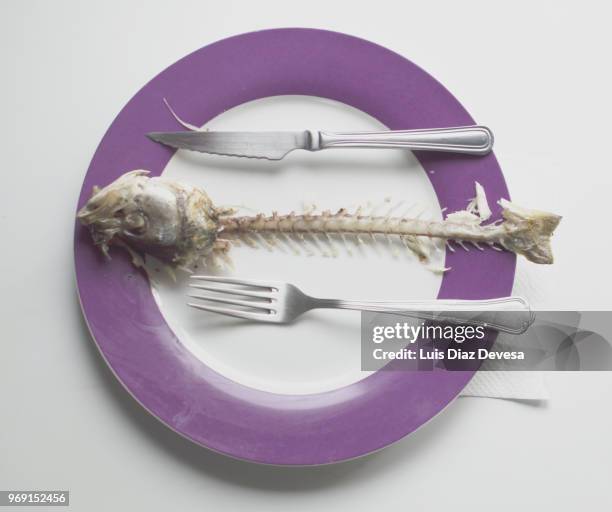 spine bones of a sea bass into plate - leftovers stockfoto's en -beelden