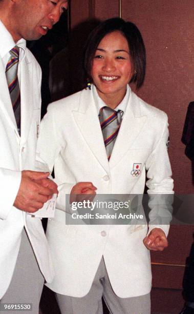 Aiko Uemura attends the reception party hosted by Japan Olympic Committee at Hotel Kokusai 21 on February 21, 1998 in Nagano, Japan.