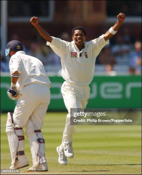 Makhaya Ntini of South Africa celebrates getting the wicket of England batsman Nasser Hussain during the 2nd Test match between England and South...