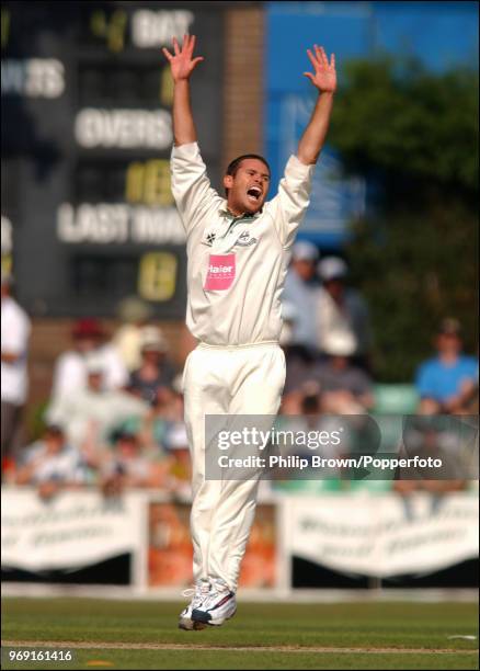 Andrew Hall of Worcestershire gets Carl Hooper of Lancashire LBW for 1 run during the C&G Trophy Semi Final between Worcestershire and Lancashire at...