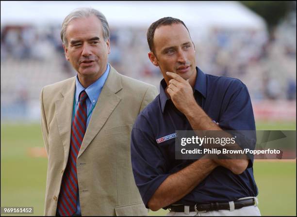 Chief executive Tim Lamb with Nasser Hussain of England and Essex, commentating for Sky Sports, during the Twenty20 Cup match between Hampshire and...