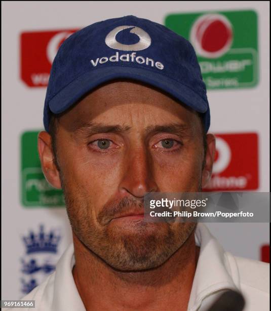 An emotional Nasser Hussain of England announces his retirement as England captain during a press conference after the 1st Test match between England...