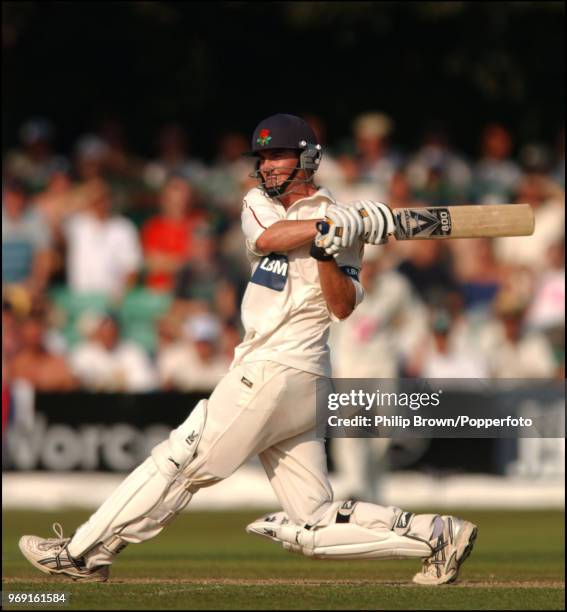 Mal Loye of Lancashire hits a boundary during his innings of 116 not out in the C&G Trophy Semi Final between Worcestershire and Lancashire at New...