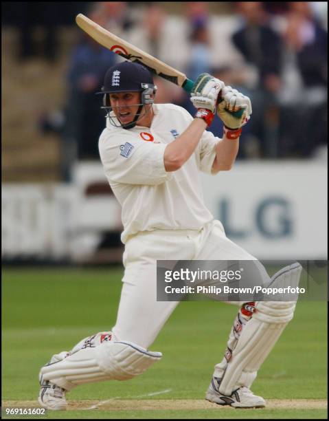 Anthony McGrath of England hits a boundary during his innings of 69 runs on debut in the 1st Test match between England and Zimbabwe at Lord's...