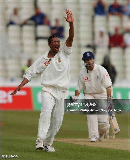 Makhaya Ntini of South Africa appeals unsuccessfully for an LBW decision against Michael Vaughan of England during the 1st Test match between England...