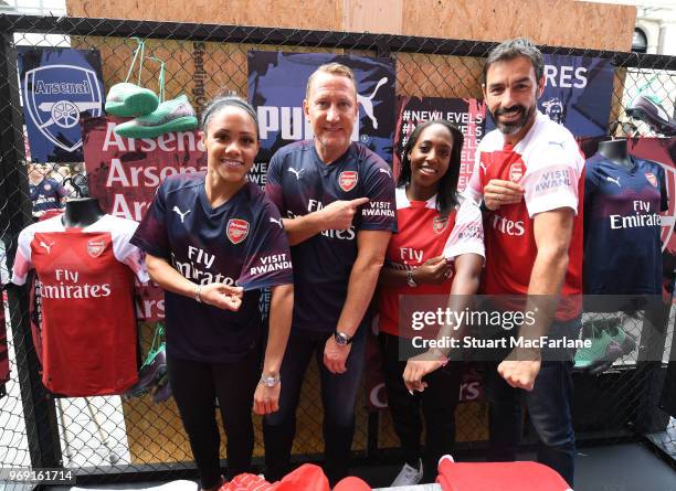 Alex Scott, Ray Parlour, Danielle Carter and Robert Pires at the launch of the Arsenal away kit at Leicester Square on June 7, 2018 in London,...