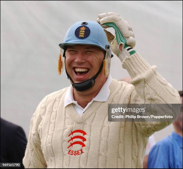 Cricket journalist and former England cricketer Derek Pringle laughing after a nets session with Steve Harmison of England at the Riverside Ground,...