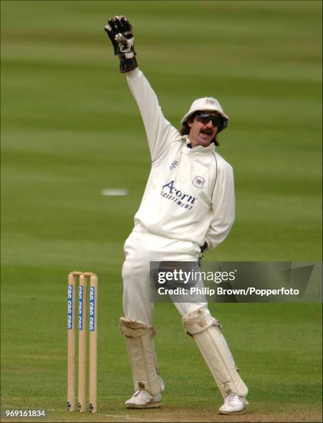 Gloucestershire wicketkeeper Jack Russell appeals for a Warwickshire wicket during the C&G Trophy Quarter Final between Warwickshire and...