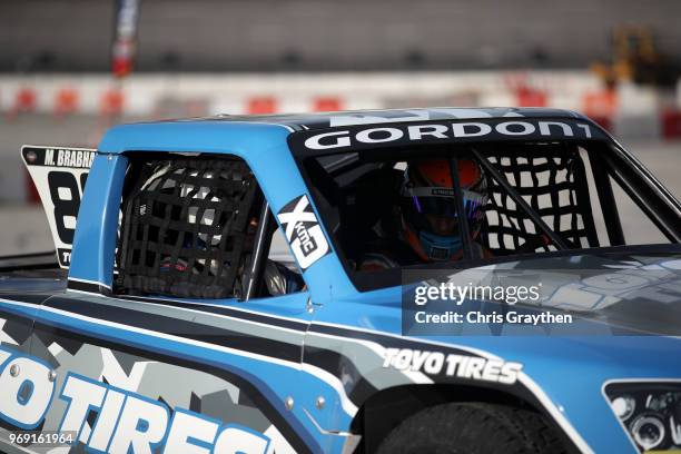 Super Trucks driver Matt Brabham drives a two seater Speed Energy Stadium Super Truck at Texas Motor Speedway on June 7, 2018 in Fort Worth, Texas.