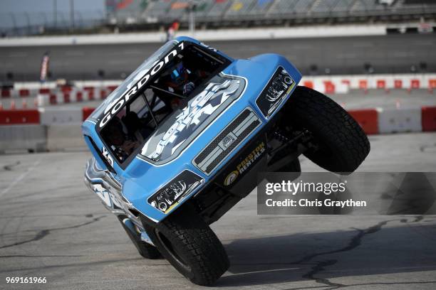 Super Trucks driver Matt Brabham drives a two seater Speed Energy Stadium Super Truck at Texas Motor Speedway on June 7, 2018 in Fort Worth, Texas.