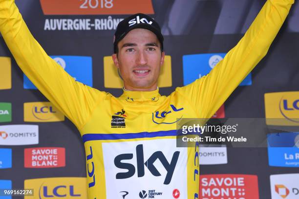 Podium / Gianni Moscon of Italy and Team Sky Yellow Leader Jersey / Celebration / during the 70th Criterium du Dauphine 2018, Stage 4 a 181km stage...