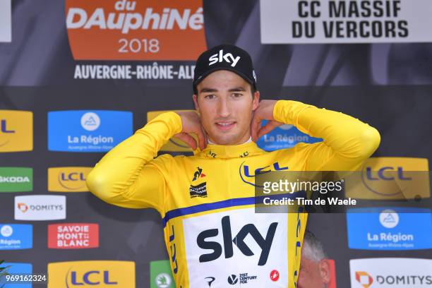 Podium / Gianni Moscon of Italy and Team Sky Yellow Leader Jersey / Celebration / during the 70th Criterium du Dauphine 2018, Stage 4 a 181km stage...