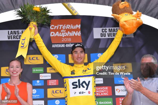 Podium / Gianni Moscon of Italy and Team Sky Yellow Leader Jersey / Celebration / Flowers / during the 70th Criterium du Dauphine 2018, Stage 4 a...