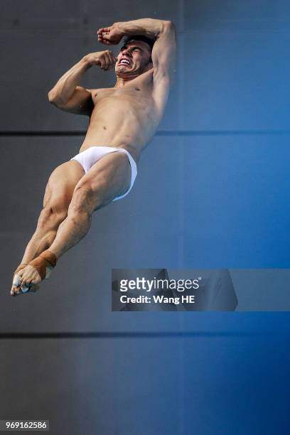 Yahel Ernesto Castillo Huerta of Mexico compete in the men's 3m Synchro Springboard final on FINA Diving World Cup 2018 at the Wuhan Sports Center on...