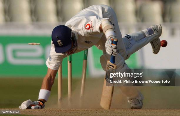 Alec Stewart of England is bowled for 38 runs by Dewald Pretorius of South Africa during the 1st Test match between England and South Africa at...