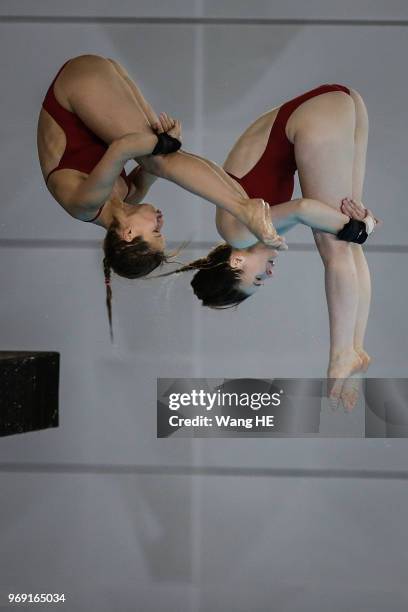 Wassen Elena and Kurjo Maria of Germany compete in the women's 10m Synchro Springboard final on FINA Diving World Cup 2018 at the Wuhan Sports Center...