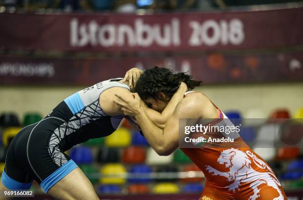 Asli Tugcu of Turkey in action against Sofiya Hristova Georgieva of Bulgaria during the women's semi-final match at the U23 Senior European...