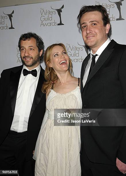 Judd Apatow, Leslie Mann and Jason Segel attend the 2010 Writers Guild Awards at Hyatt Regency Century Plaza Hotel on February 20, 2010 in Los...