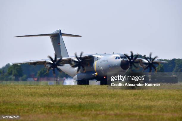 An Airbus A400M transport plane of the Bundeswehr, the German armed forces, arrives at Fliegerhorst Wunstorf to take part in an open house day of the...