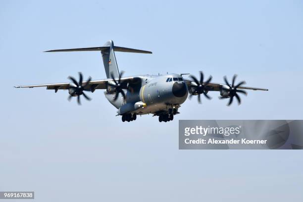 An Airbus A400M transport plane of the Bundeswehr, the German armed forces, arrives at Fliegerhorst Wunstorf to take part in an open house day of the...