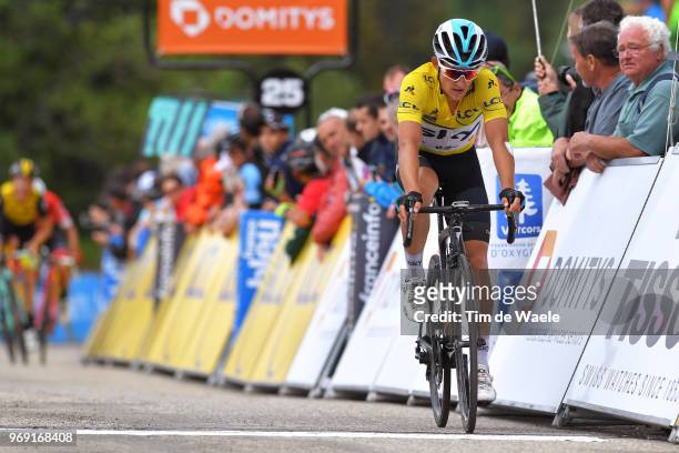 Arrival / Michal Kwiatkowski of Poland and Team Sky Yellow Leader Jersey / Celebration / during the 70th Criterium du Dauphine 2018, Stage 4 a 181km...