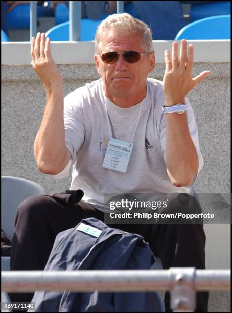 Coach Dr Ekkart Arbeit signals to Denise Lewis of Great Britain during her heptathlon in the European Cup Combined Events competition in Tallinn,...