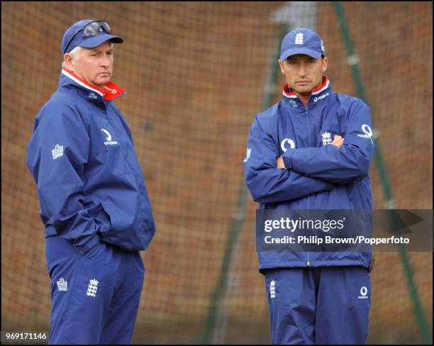 England coach Duncan Fletcher and captain Nasser Hussain watch a training session before the 2nd Test match between England and Sri Lanka at...