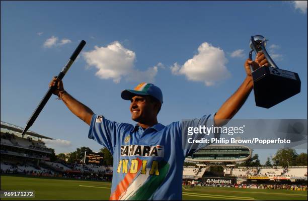 India's captain Saurav Ganguly holds up the trophy after India won the NatWest Series Final against England at Lord's Cricket Ground, London, 13th...