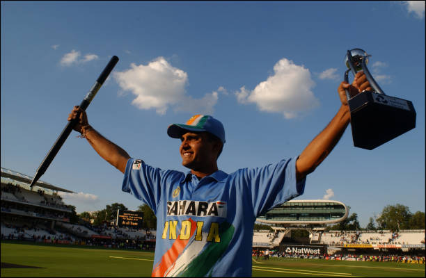 India's captain Saurav Ganguly holds up the trophy after India won the NatWest Series Final against England at Lord's Cricket Ground, London, 13th...