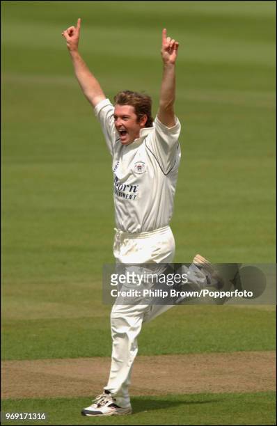 Ian Harvey of Gloucestershire celebrates after having Dominic Ostler of Warwickshire caught for a first-ball duck during the Cheltenham and...