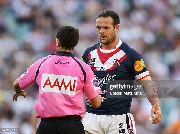 Nate Myles of the Roosters speaks with a referee over a ruling during the Foundation Cup NRL trial match between the Sydney Roosters and the Wests...
