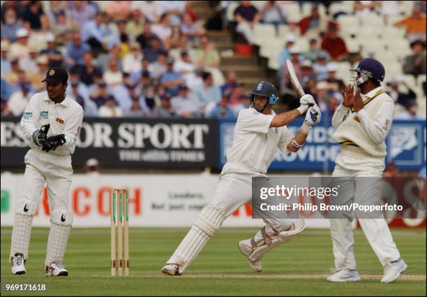 England captain Nasser Hussain hits out during the 2nd Test match between England and Sri Lanka at Edgbaston, Birmingham, 31st May 2002. The...