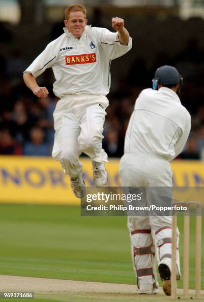 Shaun Pollock of Warwickshire celebrates after taking the wicket of Nasser Hussain of Essex with his second ball in the Benson and Hedges Cup Final...