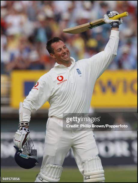 Marcus Trescothick of England celebrates reaching his century during his innings of 161 in the 2nd Test match between England and Sri Lanka at...