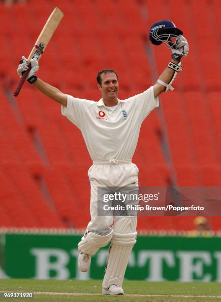 Michael Vaughan of England celebrates reaching his century during his innings of 145 runs in the 2nd innings of the 4th Test match between Australia...