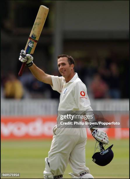 Michael Vaughan of England celebrates reaching his century during his innings of 115 in the 1st Test match between England and Sri Lanka at Lord's...