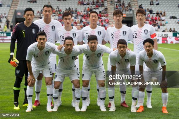 Players of South Korea's National team pose for a team picture before their international friendly football match between South Korea and Bolivia at...