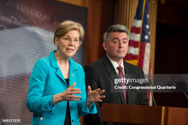 June 7: Sen. Elizabeth Warren, D-Mass., and Sen. Cory Gardner, R-Colo., hold a press conference in the Senate Radio and TV Gallery to discuss...