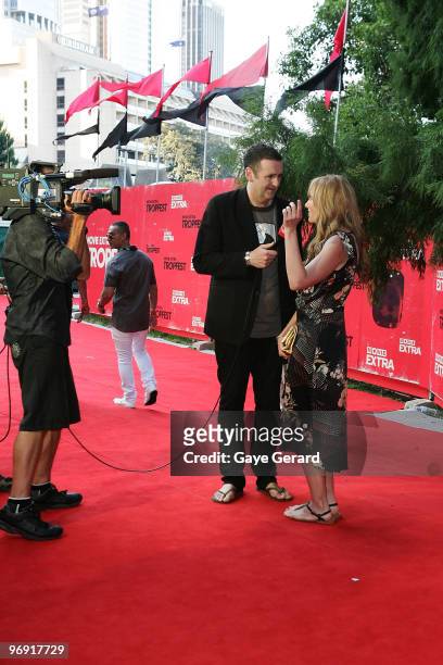 Actress Toni Collette is interviewed on the red carpet at the Tropfest 2010 shoft film festival at The Domain on February 21, 2010 in Sydney,...