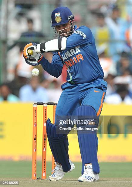 Virender Sehwag of India in action during the 1st ODI between India and South Africa at Sawai Mansingh Stadium on February 21, 2010 in Jaipur, India.