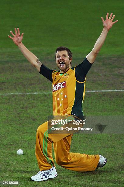 Dirk Nannes of Australia appeals for a wicket during the Twenty20 International match between Australia and the West Indies at Bellerive Oval on...