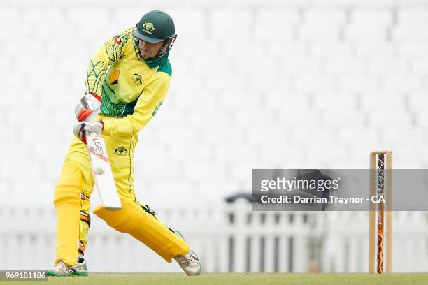 Brendan Smith of the The Australian Indigenous Mens cricket team bats against Surrey at The Kia Oval on June 7, 2018 in the United Kingdom. This year...