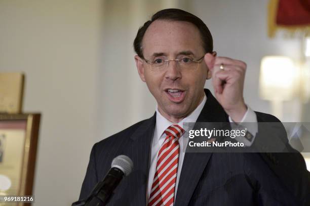 Deputy Attorney General Rod Rosenstein delivers the keynote speech during the Central High School annual alumni dinner, in Philadelphia, PA, on June...