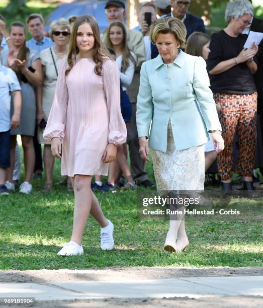 Queen Sonja and Princess Ingrid Alexandra attend the unveiling of sculptures in the Princess Ingrid Alexandra's Sculpture Park on June 7, 2018 in...